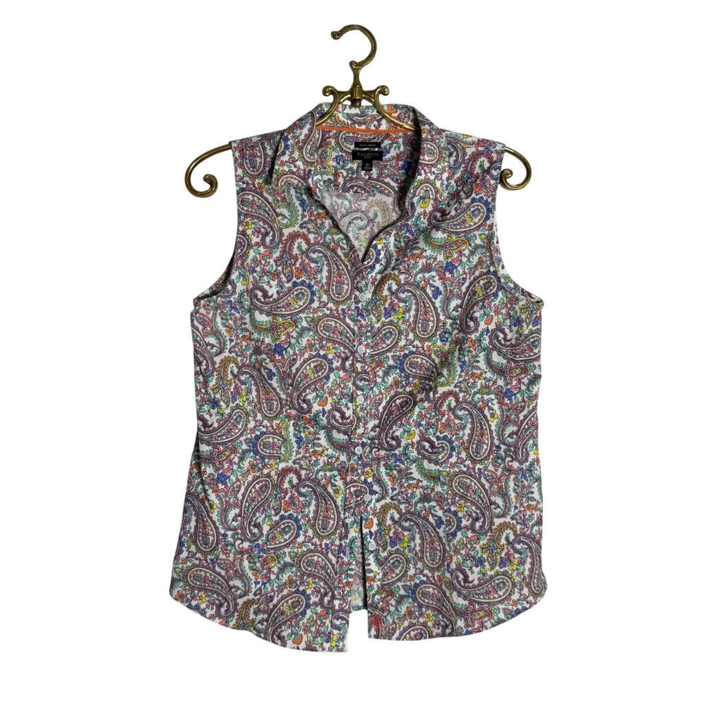 Talbots Petites Sleeveless Button‎ Down Shirt 10P Paisley  Resistant Cotton